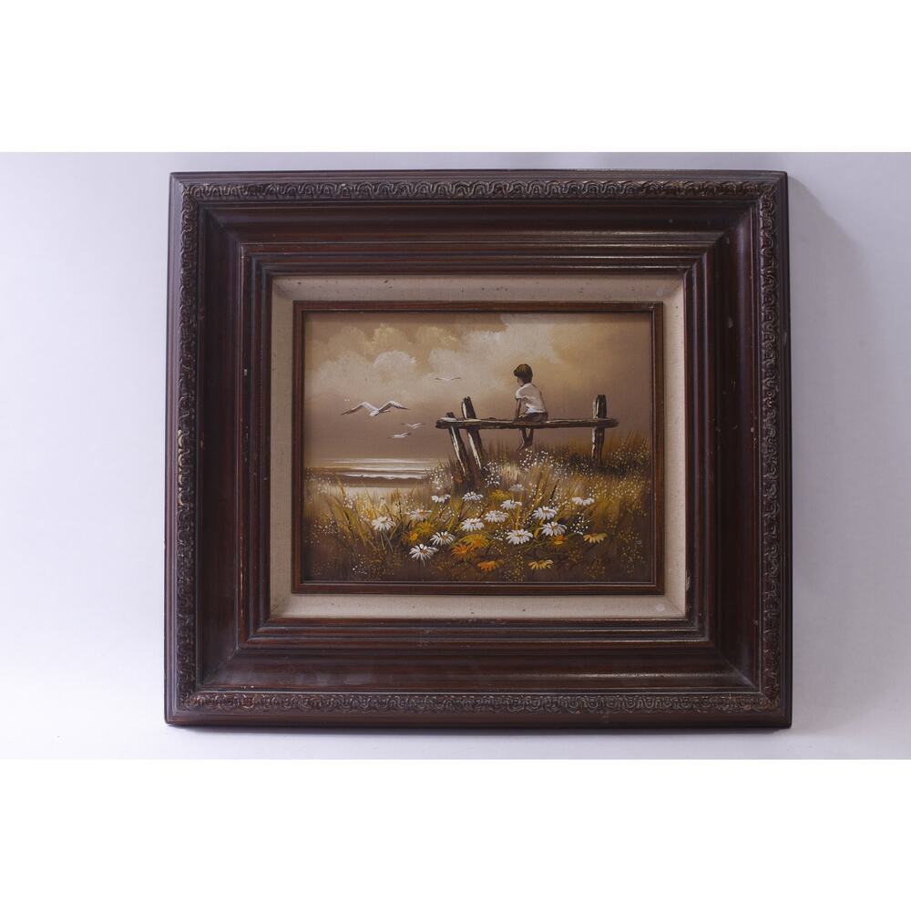 Original Child Sitting by a Seashore watching Seagulls, Oil Painting, Framed,